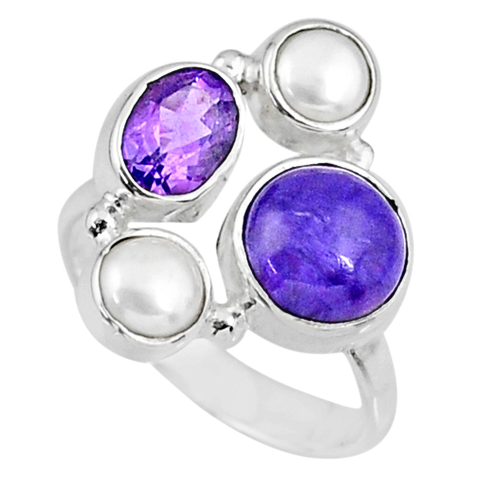 5.36cts natural purple charoite (siberian) pearl 925 silver ring size 6 r57623
