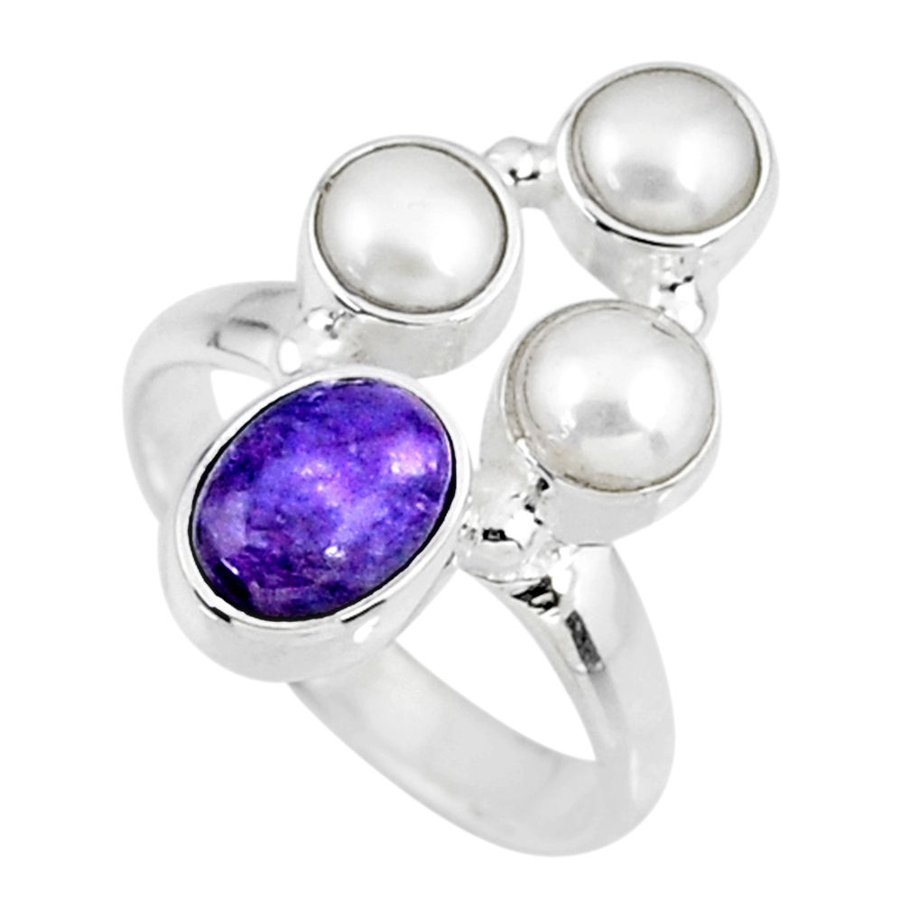 4.93cts natural purple charoite (siberian) pearl 925 silver ring size 6 r57632