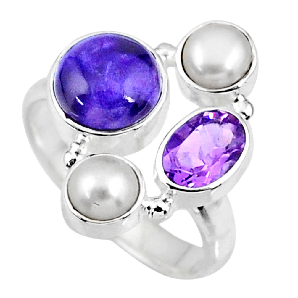 6.70cts natural purple charoite (siberian) pearl 925 silver ring size 7 r57548