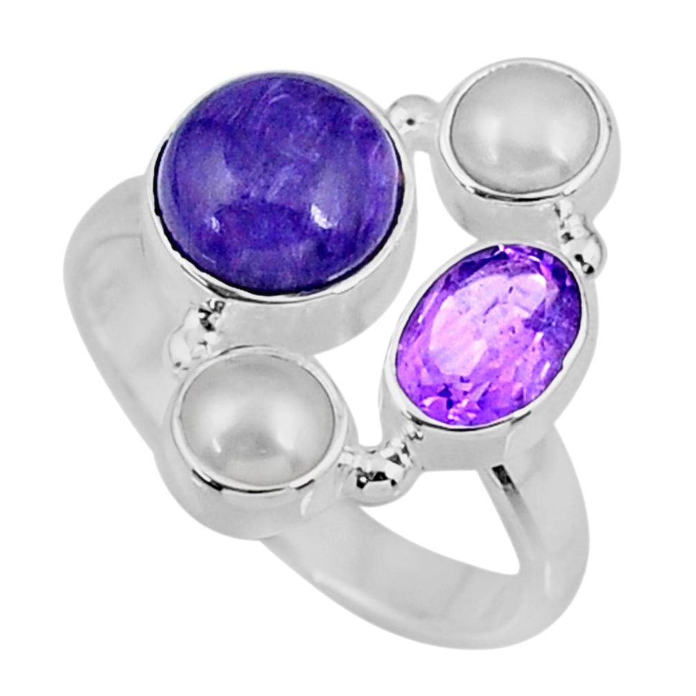 6.95cts natural purple charoite (siberian) pearl 925 silver ring size 8 r57583