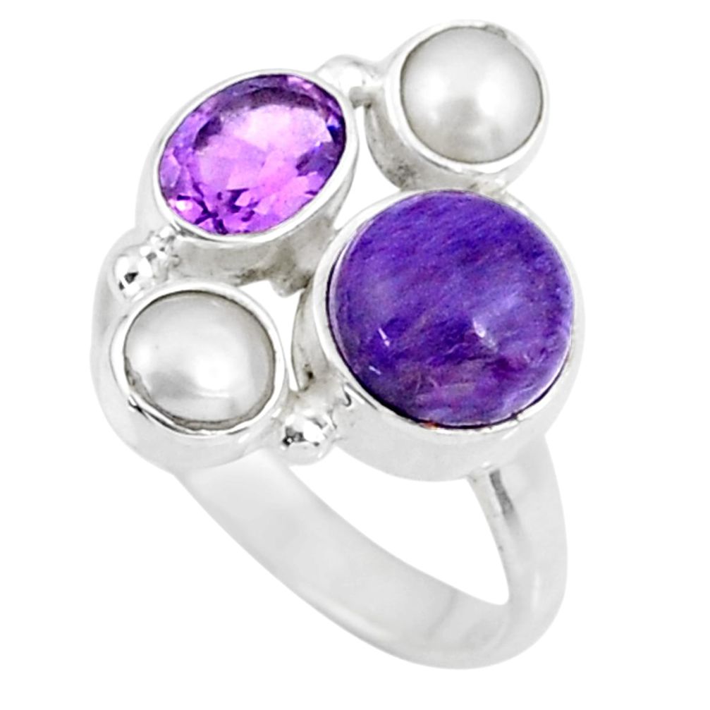 6.28cts natural purple charoite (siberian) pearl 925 silver ring size 8 r57601