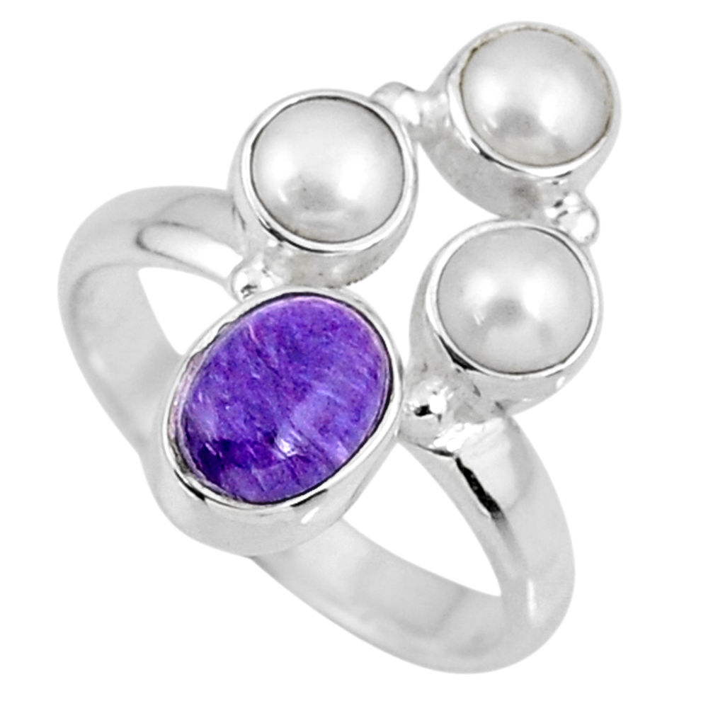 4.86cts natural purple charoite (siberian) pearl 925 silver ring size 8 r57609