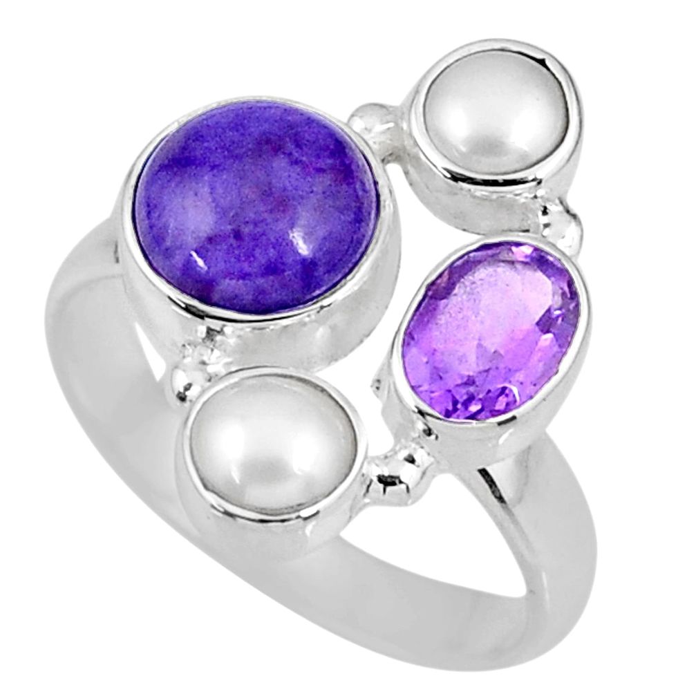 7.39cts natural purple charoite (siberian) pearl 925 silver ring size 8 r58406
