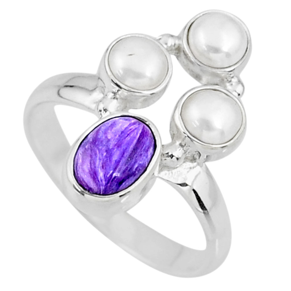 4.92cts natural purple charoite (siberian) pearl 925 silver ring size 9 r57585