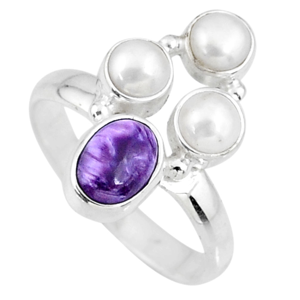 4.92cts natural purple charoite (siberian) pearl 925 silver ring size 9 r57608