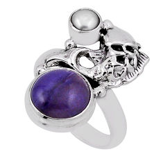6.58cts natural purple charoite (siberian) pearl silver fish ring size 7 n33933