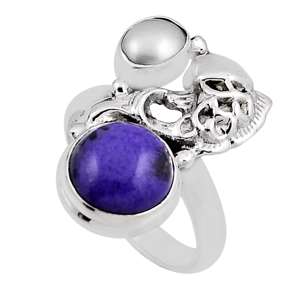 6.80cts natural purple charoite (siberian) pearl silver fish ring size 8 n25866