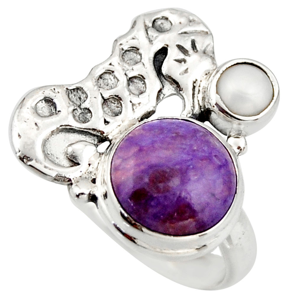 5.95cts natural purple charoite (siberian) silver seahorse ring size 7 d46114