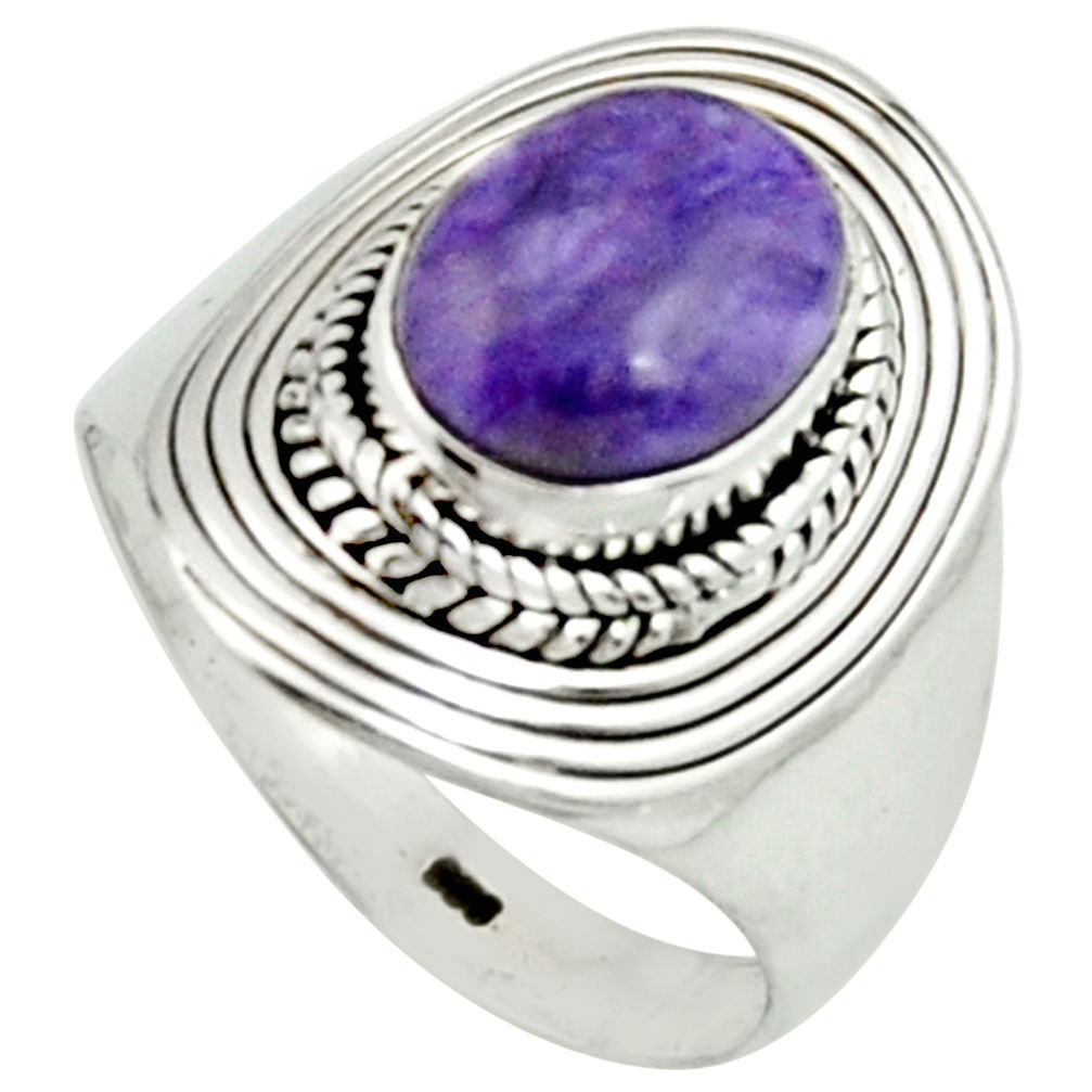 4.21cts natural purple charoite (siberian) silver solitaire ring size 8 r22045
