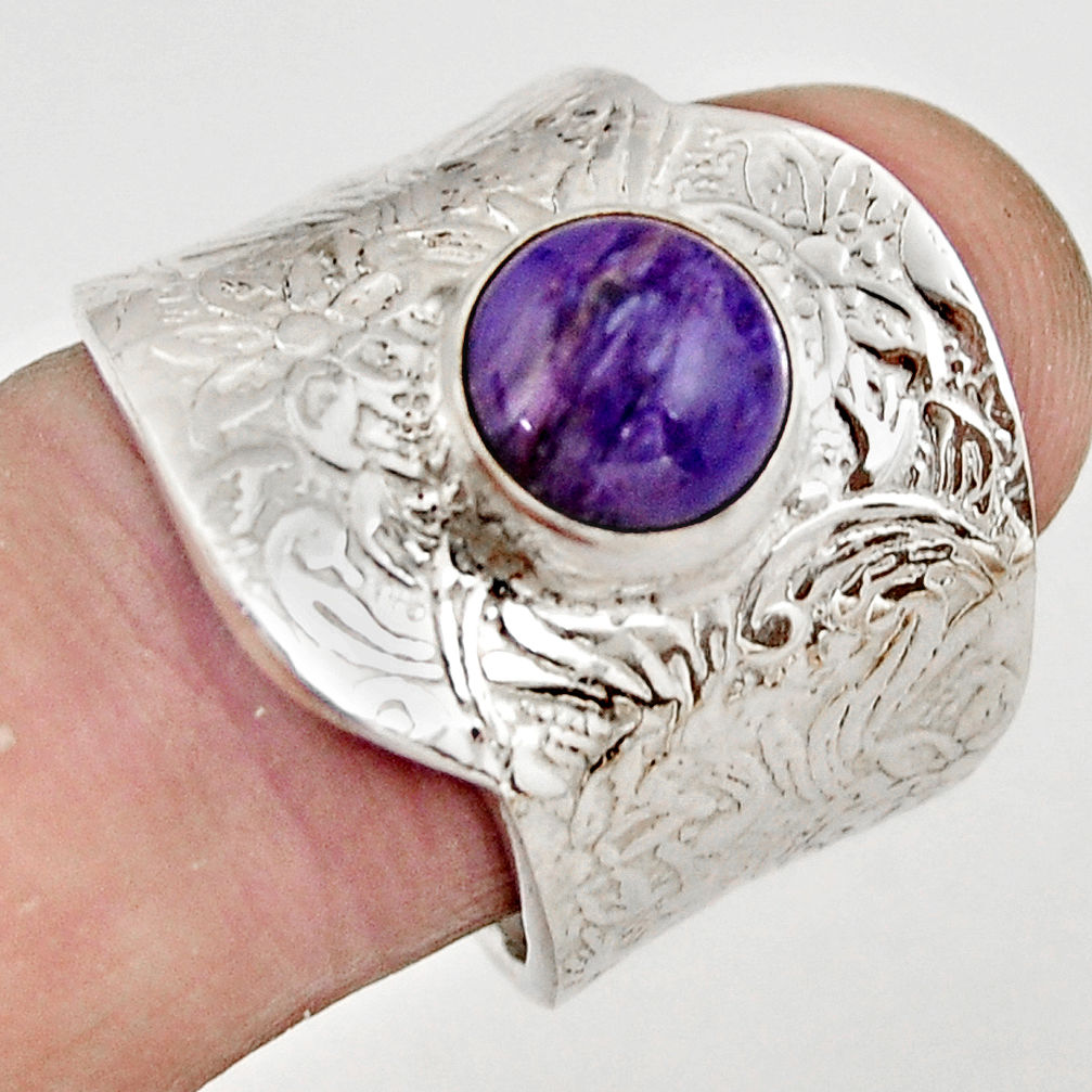 3.26cts natural purple charoite silver adjustable solitaire ring size 8 r21339