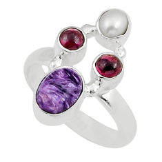 5.10cts natural purple charoite white pearl garnet 925 silver ring size 7 y23724