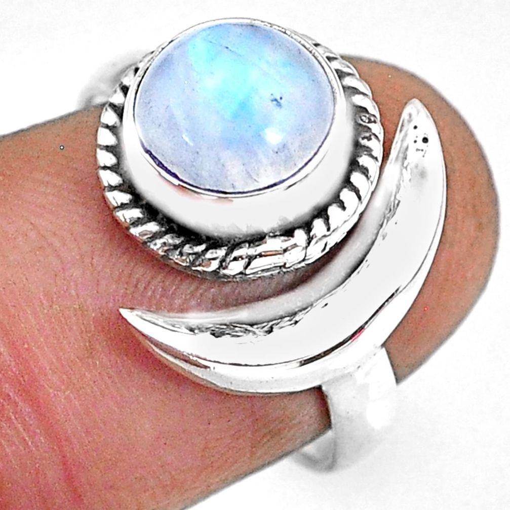 3.32cts natural rainbow moonstone 925 silver moon ring size 7.5 r89639