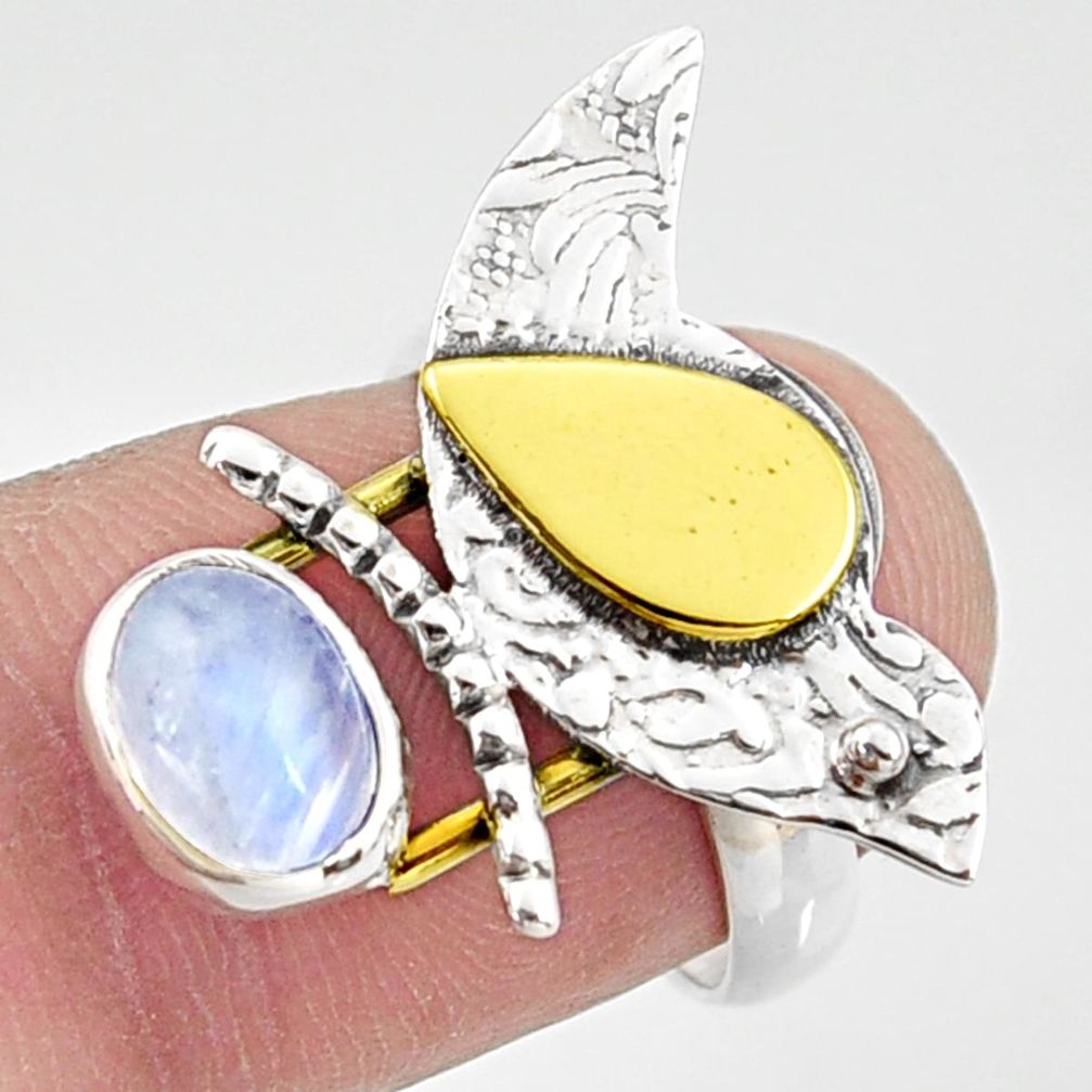 2.11cts natural rainbow moonstone 925 silver gold solitaire ring size 6.5 r37320