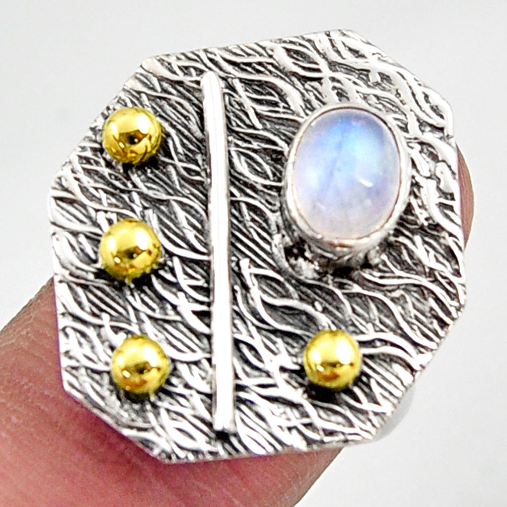 1.64cts natural rainbow moonstone 925 silver gold solitaire ring size 6.5 r37340