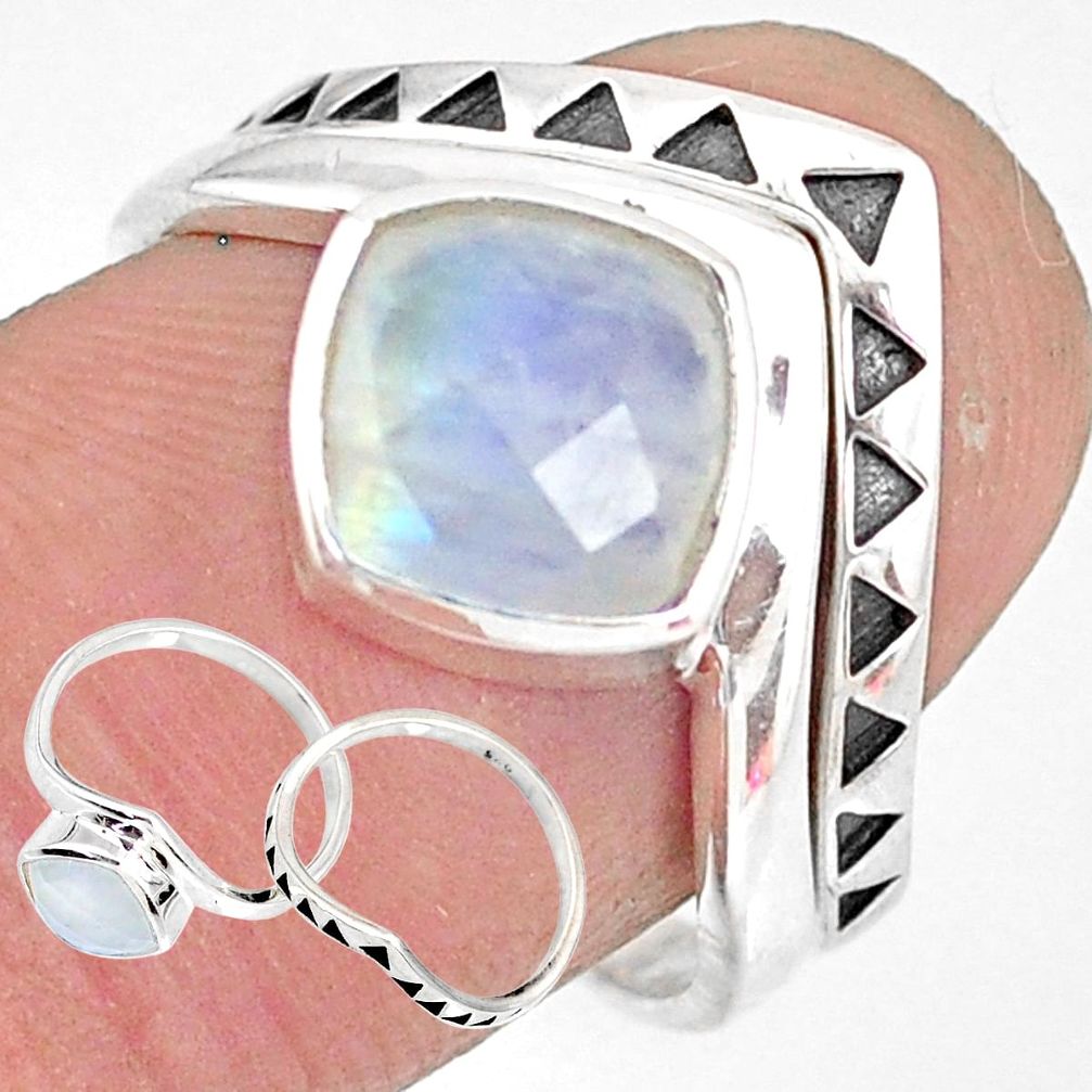3.42cts natural rainbow moonstone 925 sterling silver 2 rings size 8 r83745