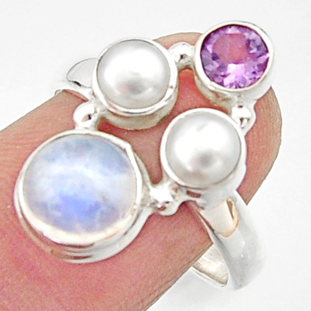 5.56cts natural rainbow moonstone amethyst pearl 925 silver ring size 8.5 r22969