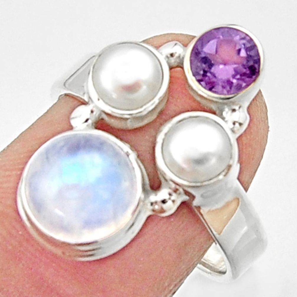 5.52cts natural rainbow moonstone amethyst pearl 925 silver ring size 7.5 r22973