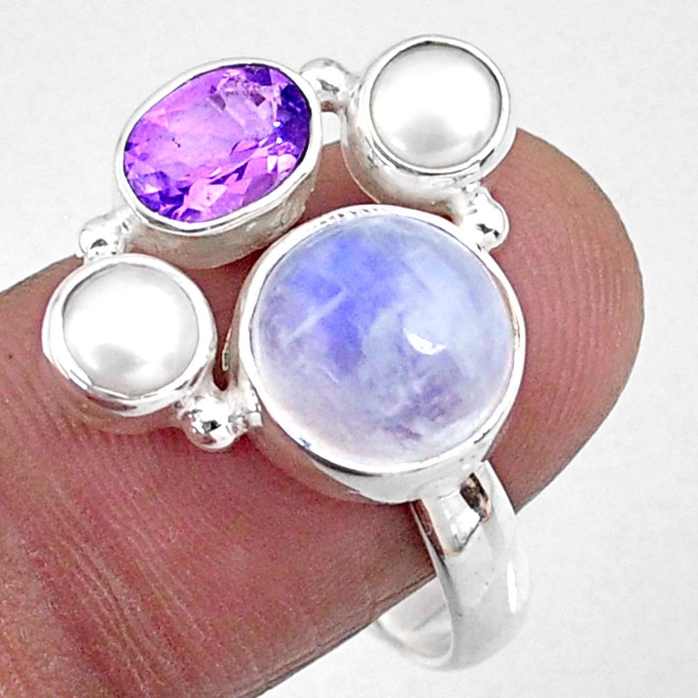 6.02cts natural rainbow moonstone amethyst pearl 925 silver ring size 9.5 r57615