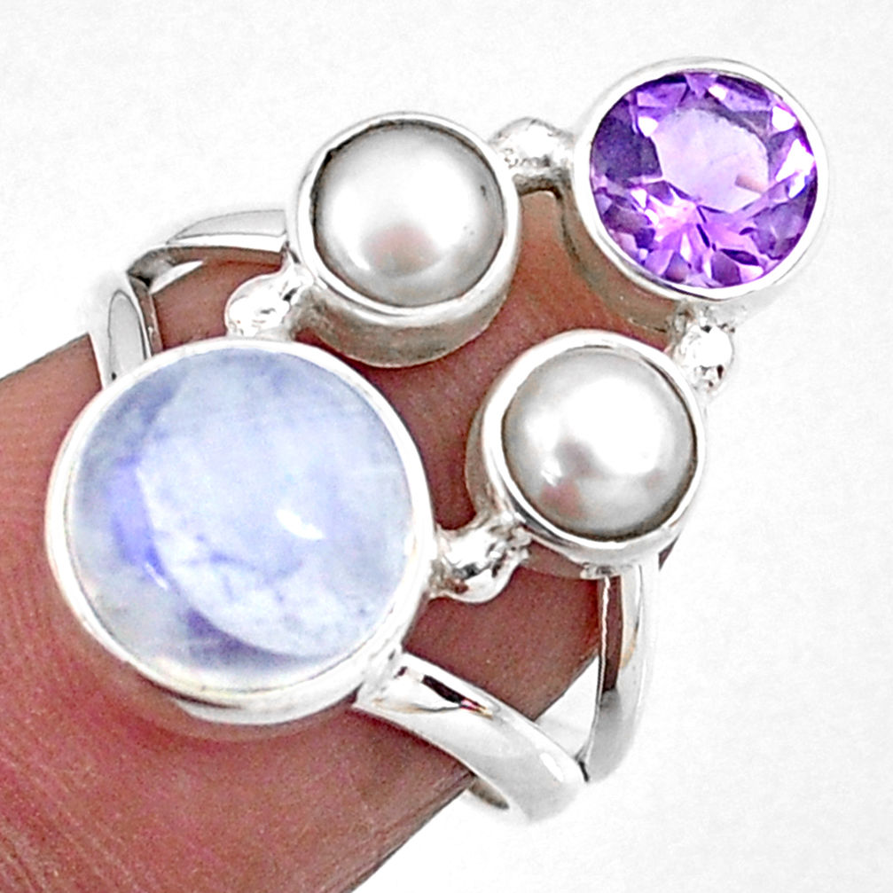6.31cts natural rainbow moonstone amethyst pearl 925 silver ring size 6.5 r57618