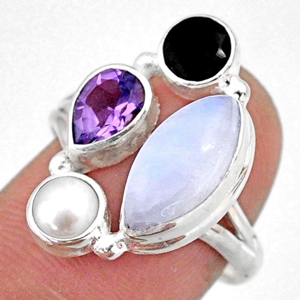 9.59cts natural rainbow moonstone amethyst pearl 925 silver ring size 7.5 r63903