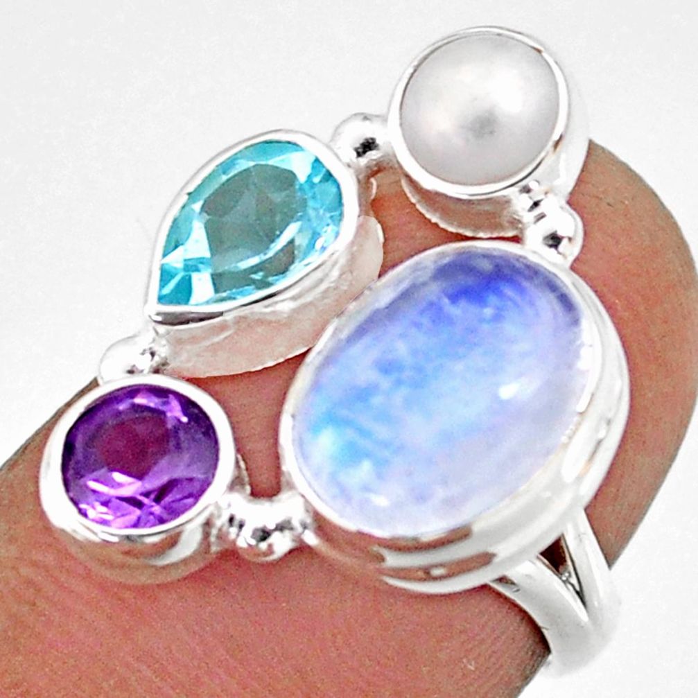 9.57cts natural rainbow moonstone amethyst pearl 925 silver ring size 6.5 r63907