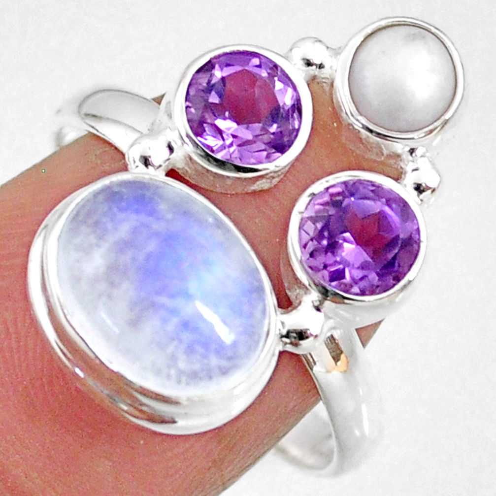 8.47cts natural rainbow moonstone amethyst pearl 925 silver ring size 8.5 r63933