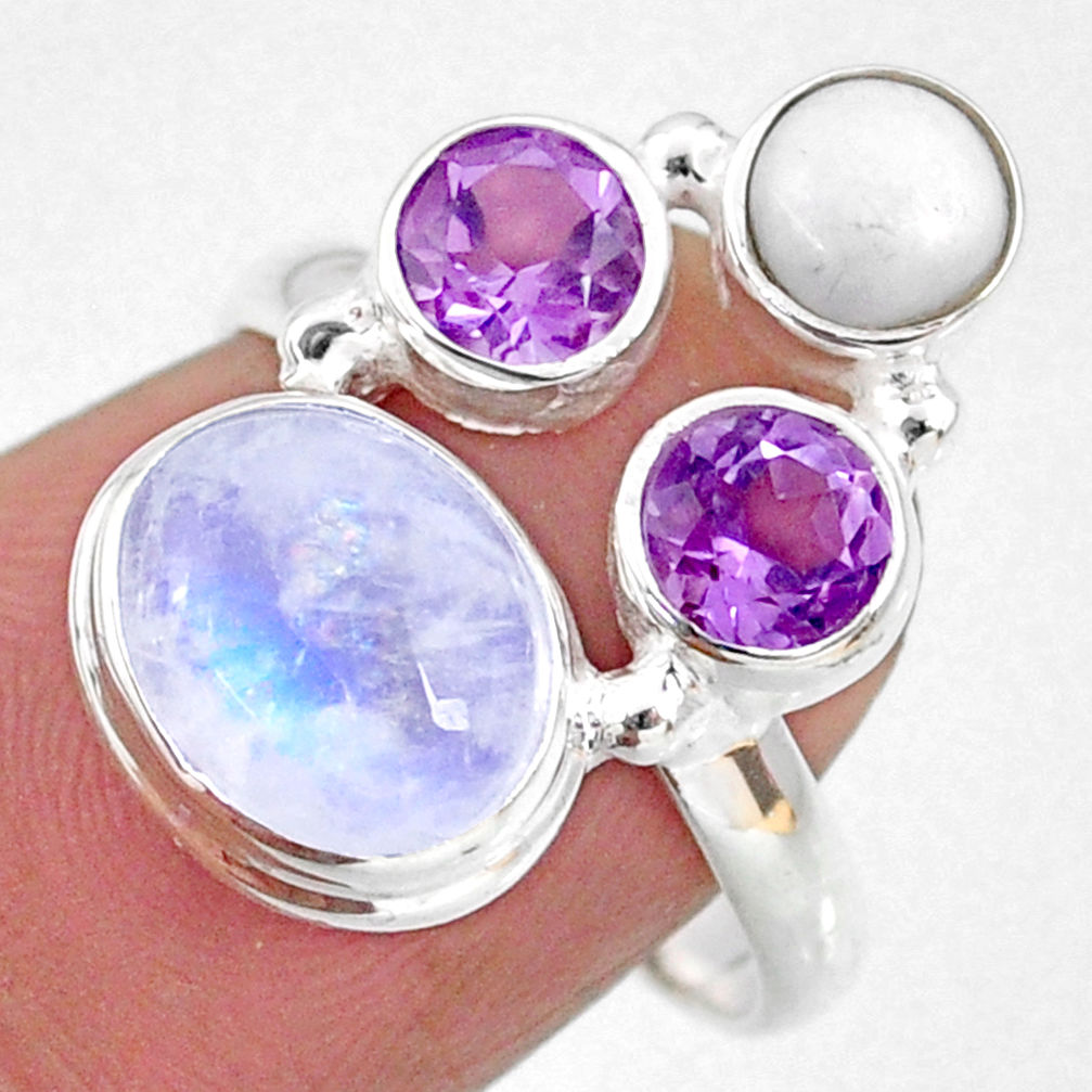 8.67cts natural rainbow moonstone amethyst pearl 925 silver ring size 7.5 r63939