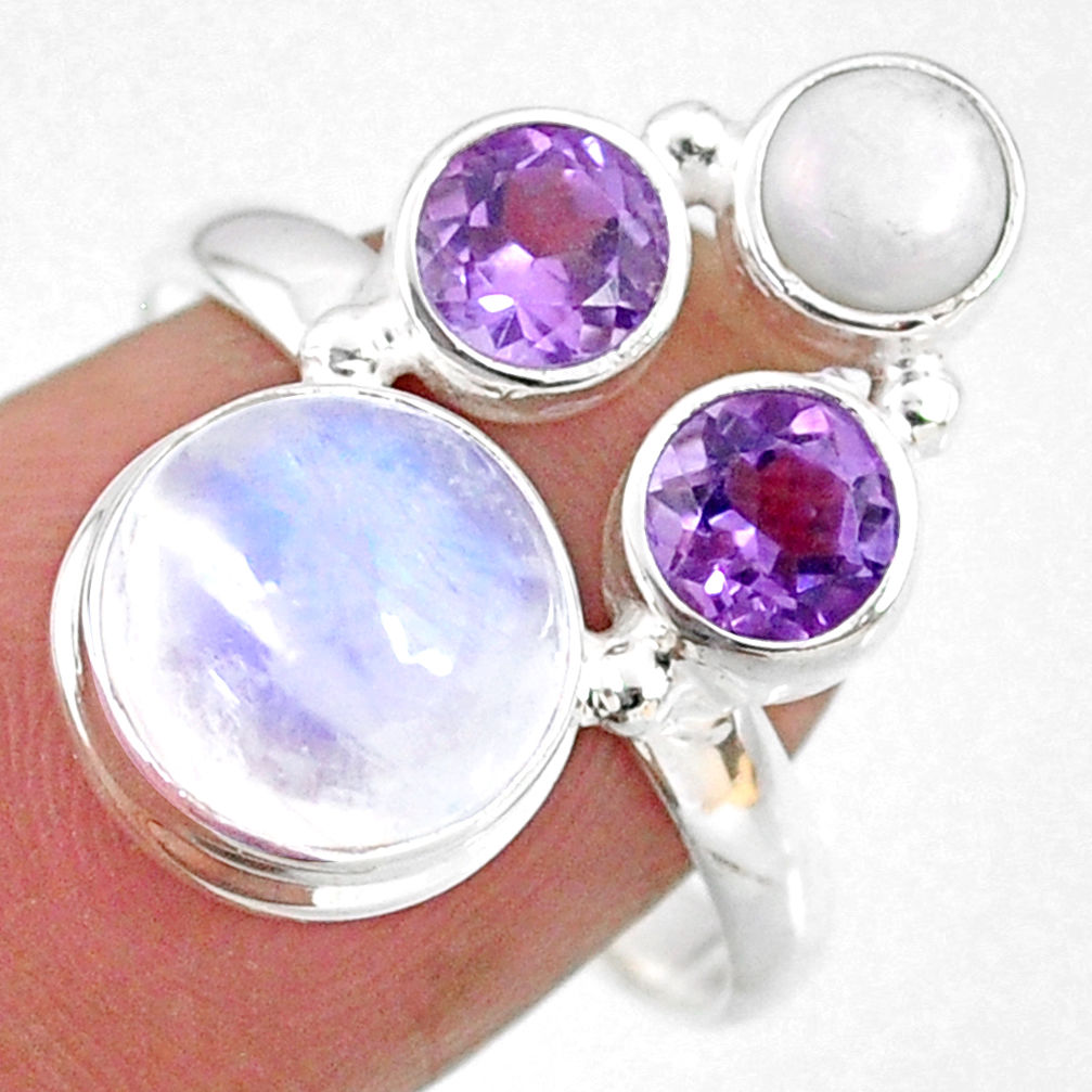 8.91cts natural rainbow moonstone amethyst pearl 925 silver ring size 8.5 r63978