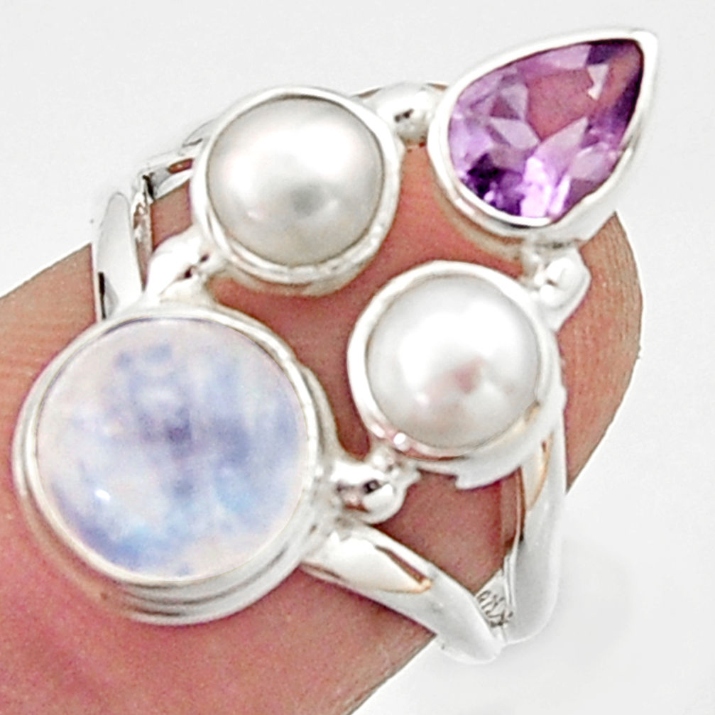 6.31cts natural rainbow moonstone amethyst pearl 925 silver ring size 6 r22975