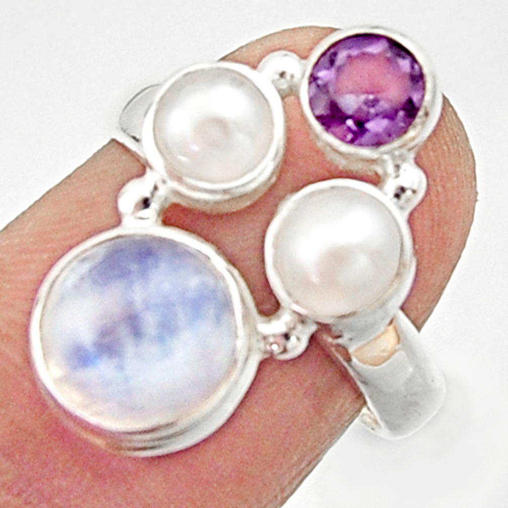 5.52cts natural rainbow moonstone amethyst pearl 925 silver ring size 6 r22977