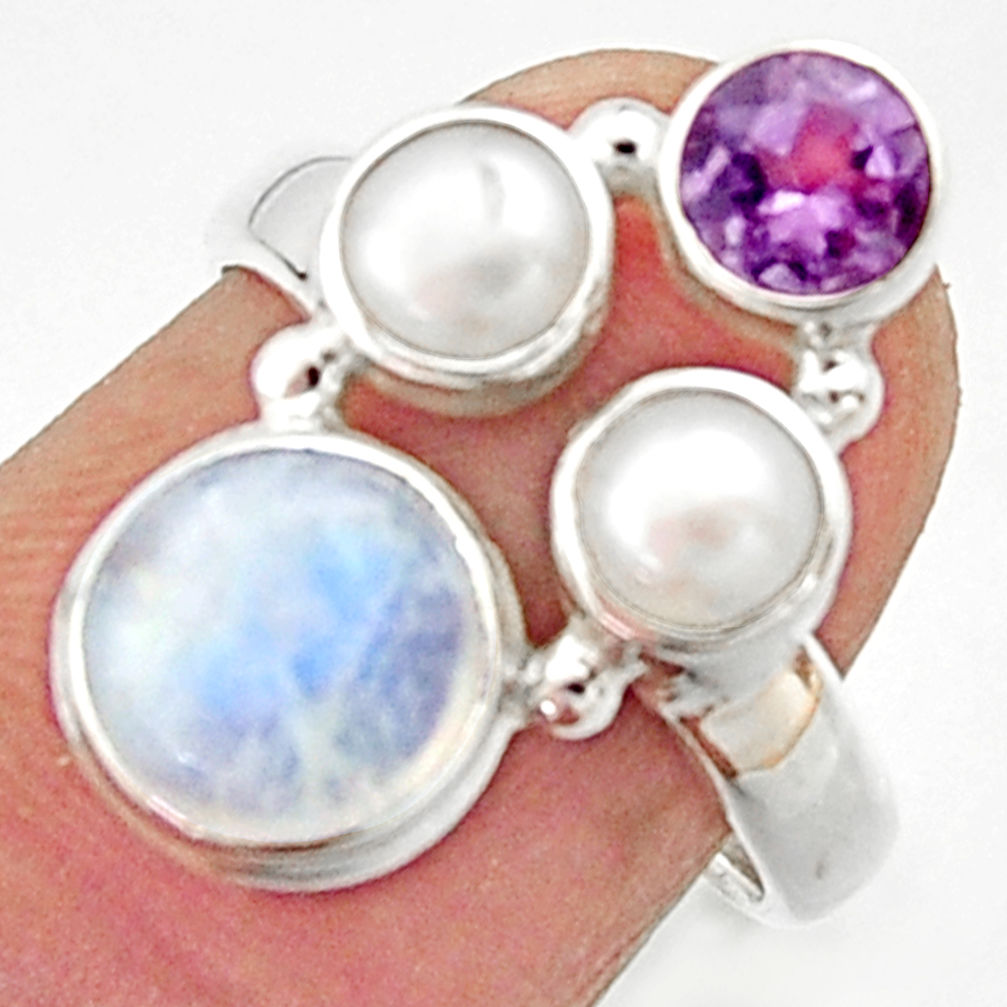 6.04cts natural rainbow moonstone amethyst pearl 925 silver ring size 7 r22965