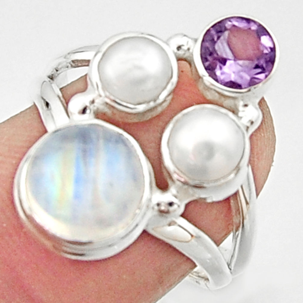 6.31cts natural rainbow moonstone amethyst pearl 925 silver ring size 7 r22976