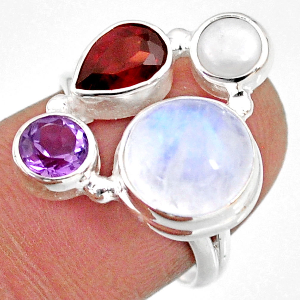 9.98cts natural rainbow moonstone amethyst pearl 925 silver ring size 7 r63920