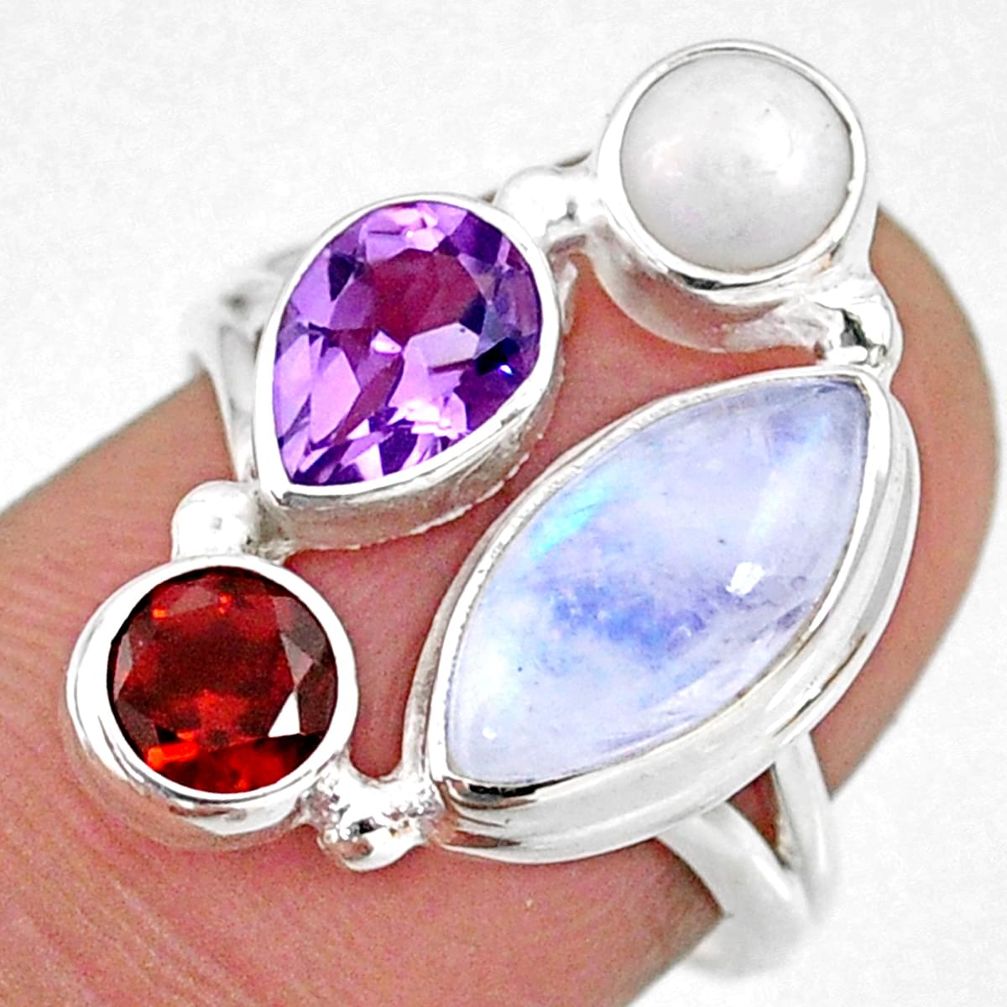 9.18cts natural rainbow moonstone amethyst pearl 925 silver ring size 7 r63929
