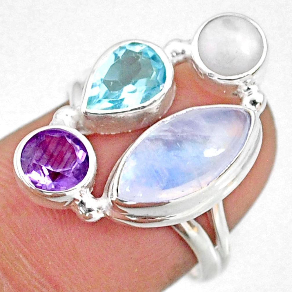 9.18cts natural rainbow moonstone amethyst pearl 925 silver ring size 7 r63936