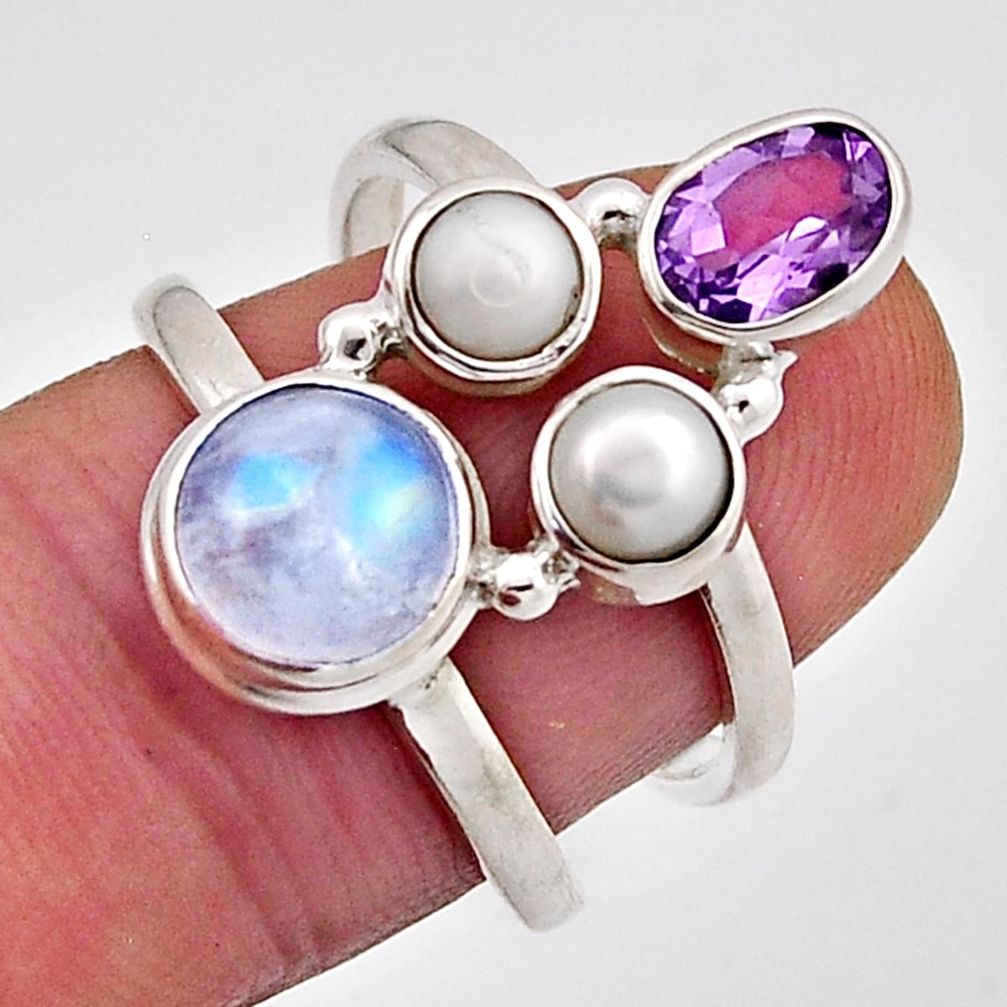 6.39cts natural rainbow moonstone amethyst pearl 925 silver ring size 8 n12675