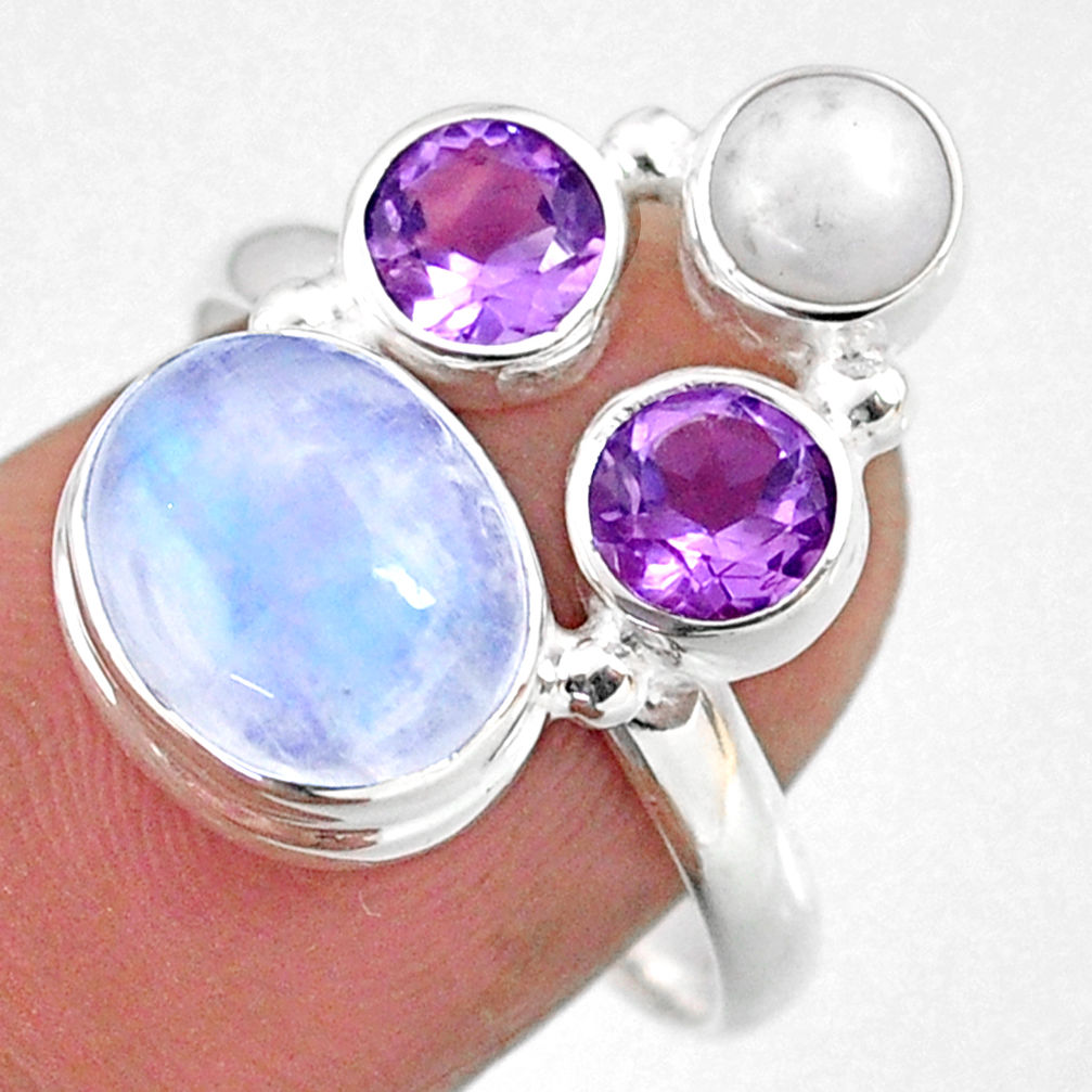 8.06cts natural rainbow moonstone amethyst pearl 925 silver ring size 8 r63914