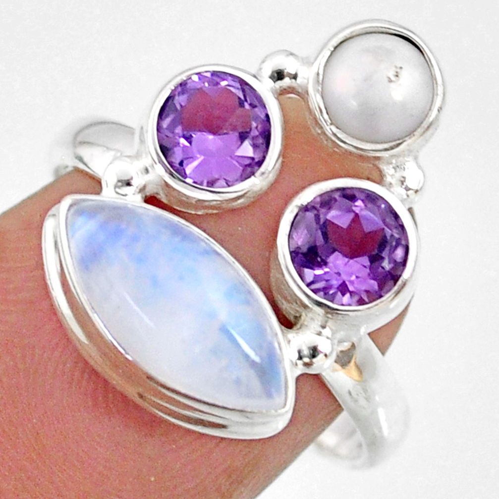 8.04cts natural rainbow moonstone amethyst pearl 925 silver ring size 8 r63935