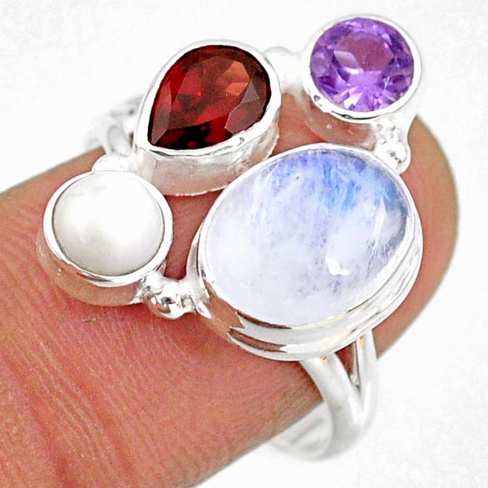 10.02cts natural rainbow moonstone amethyst pearl 925 silver ring size 8 r63943