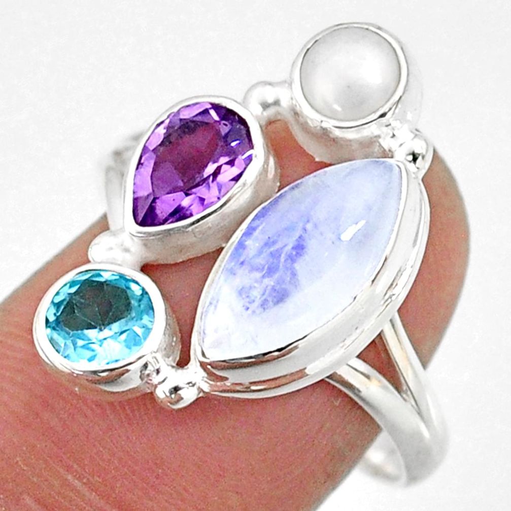 9.61cts natural rainbow moonstone amethyst pearl 925 silver ring size 9 r63901