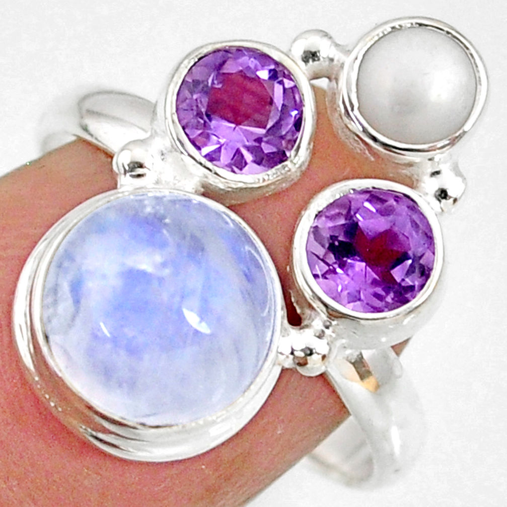 8.84cts natural rainbow moonstone amethyst pearl 925 silver ring size 9 r63923