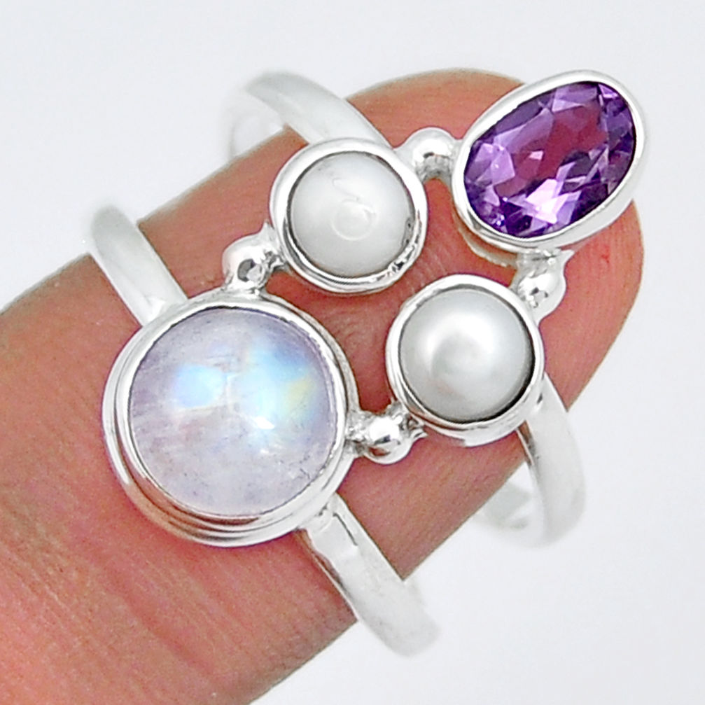 6.16cts natural rainbow moonstone amethyst pearl 925 silver ring size 8.5 y3831