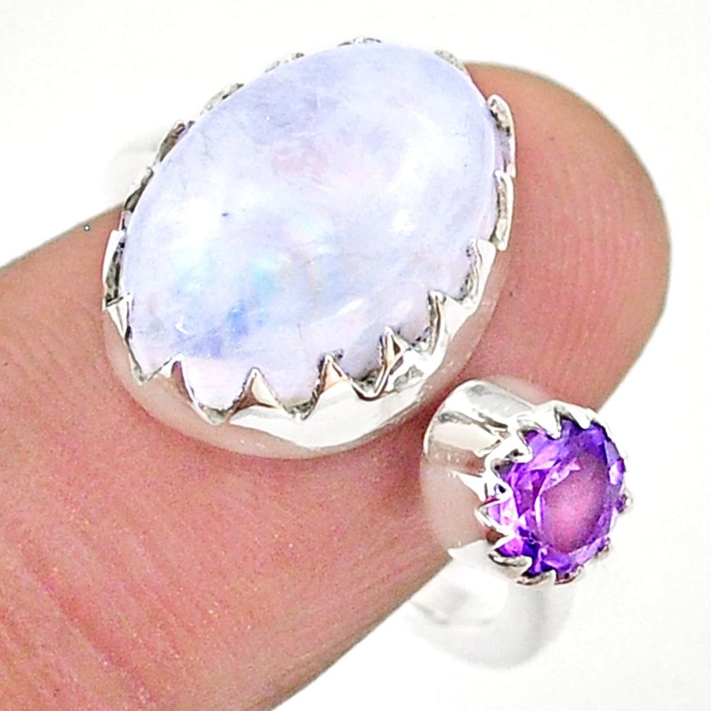 7.24cts natural rainbow moonstone amethyst silver adjustable ring size 8 t43511