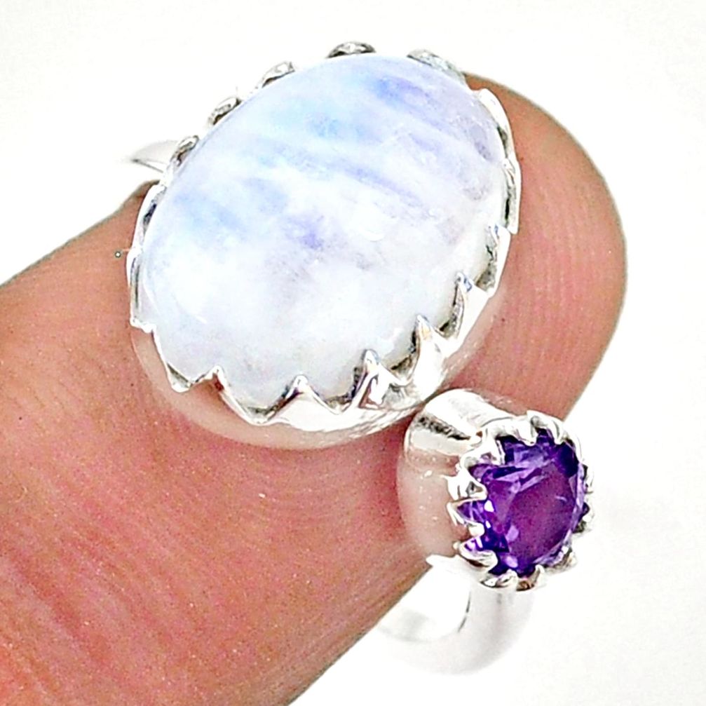 6.83cts natural rainbow moonstone amethyst silver adjustable ring size 8 t43518