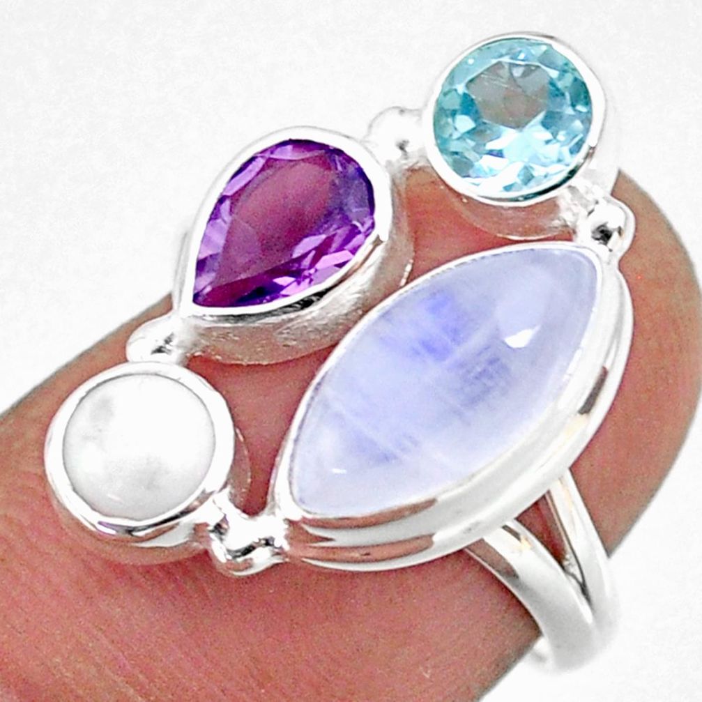 9.53cts natural rainbow moonstone amethyst topaz 925 silver ring size 7 r63905