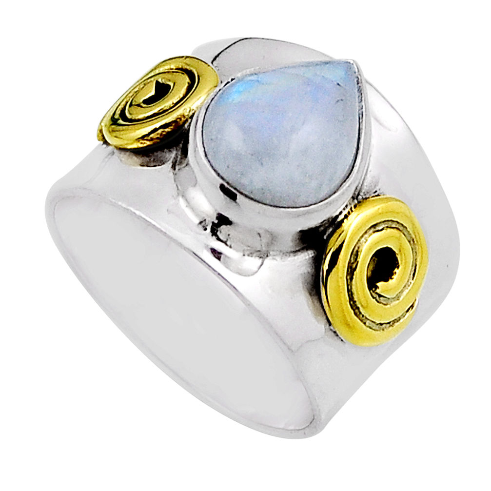 4.17cts natural rainbow moonstone epar shape silver gold ring size 6.5 n25957