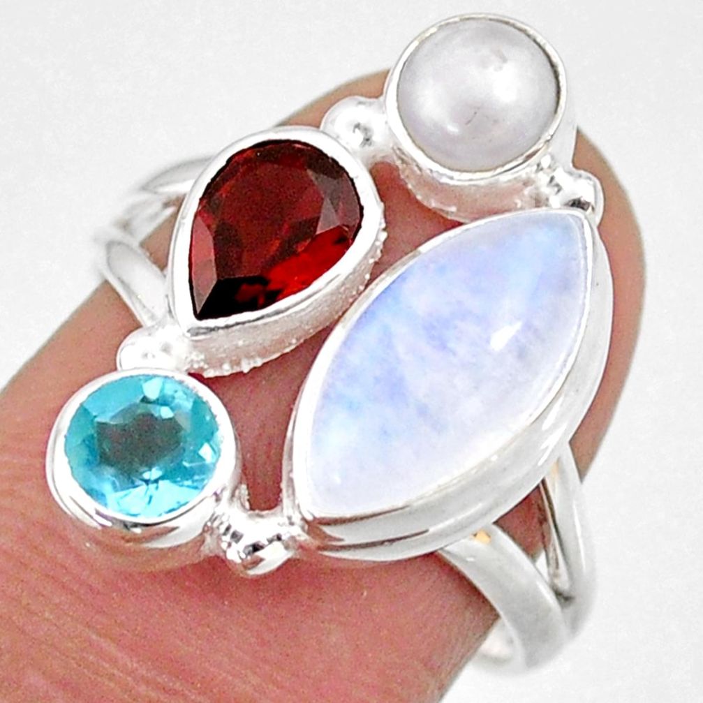 10.78cts natural rainbow moonstone garnet pearl 925 silver ring size 7.5 r63969