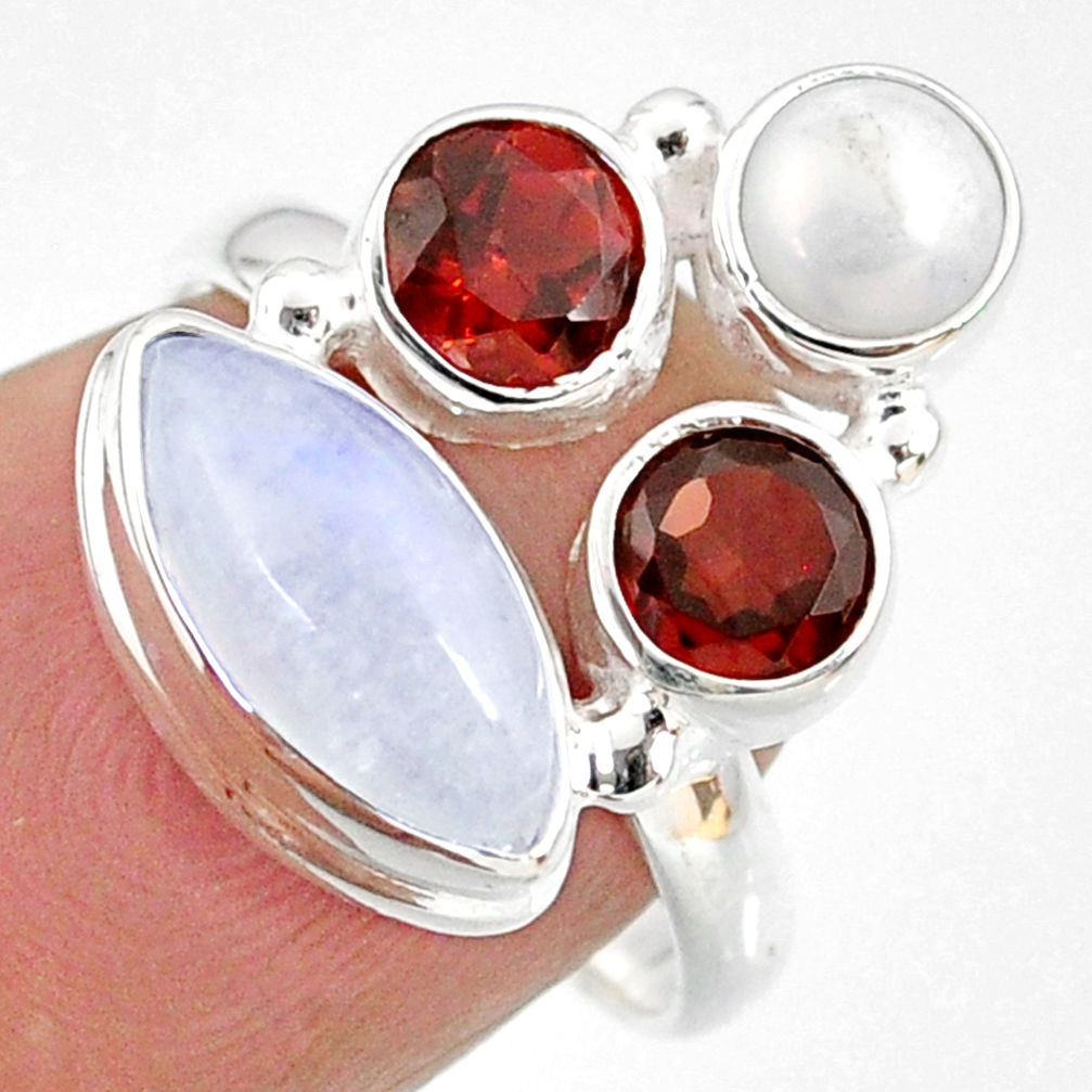 9.18cts natural rainbow moonstone garnet pearl 925 silver ring size 6 r63954