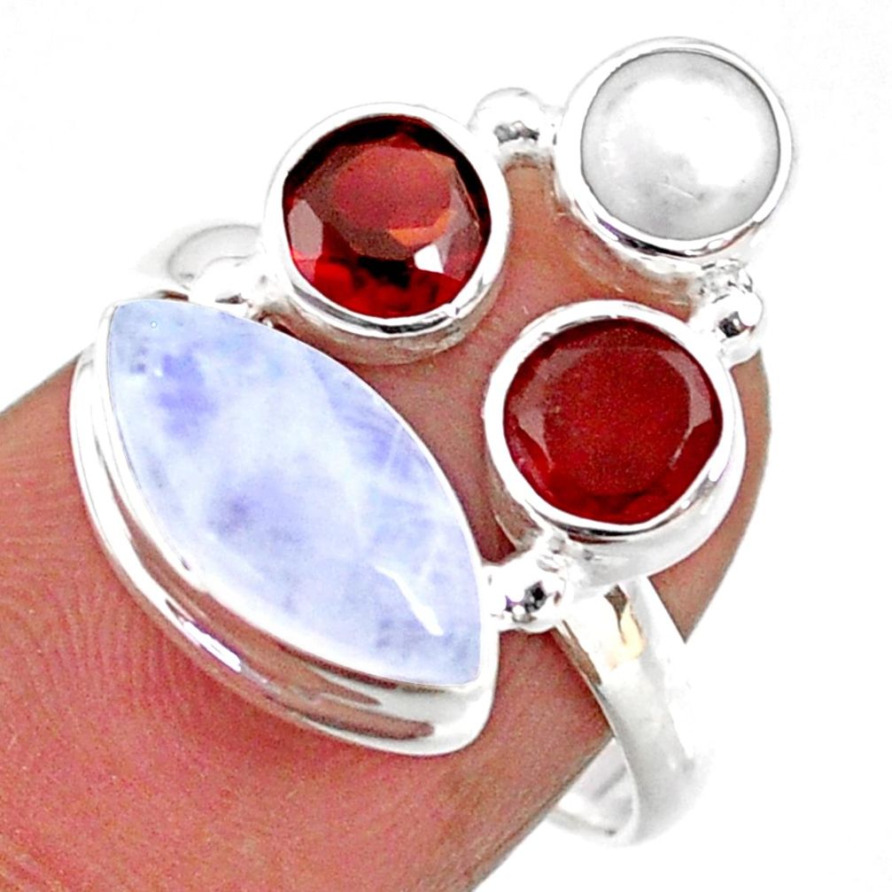 8.73cts natural rainbow moonstone garnet pearl 925 silver ring size 7 r63918