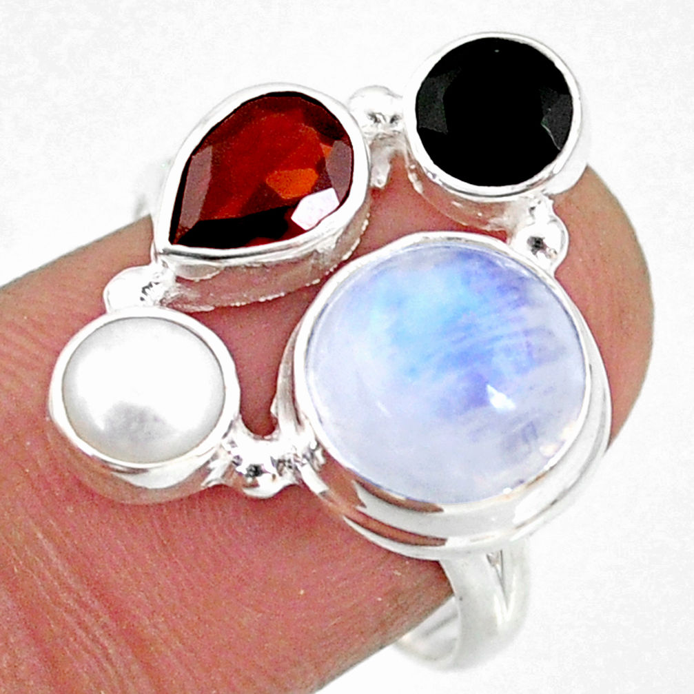 9.61cts natural rainbow moonstone garnet pearl 925 silver ring size 8 r63922